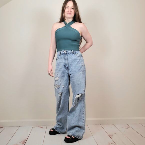 Sincerely Jules Criss Cross Halter Crop Top Teal Large - Picture 2 of 8